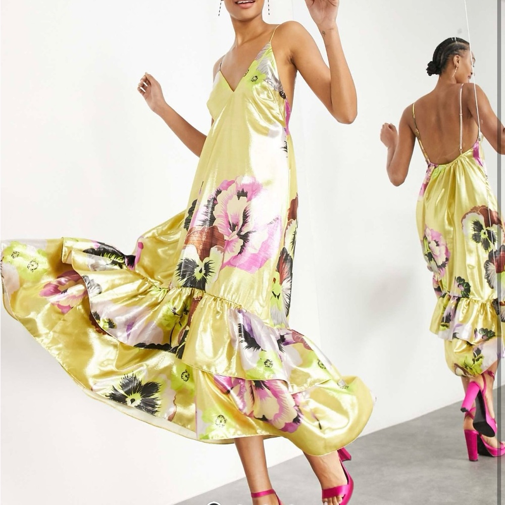 NWT Asos Edition Gold Lame floral dress with ruffle hem